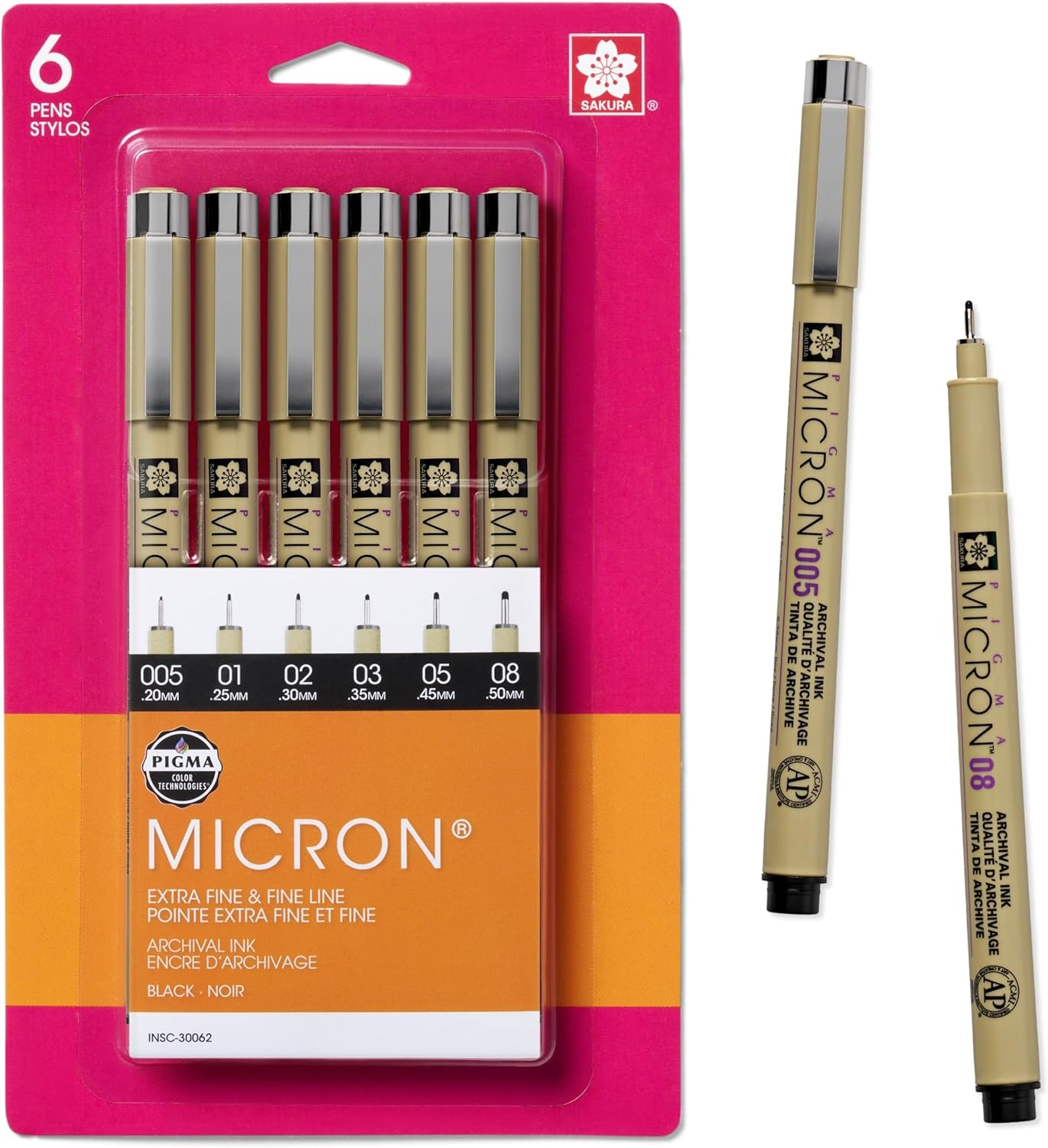 Sakura Pigma Micron 6-pack of black fineliner pens in sizes 005 to 08