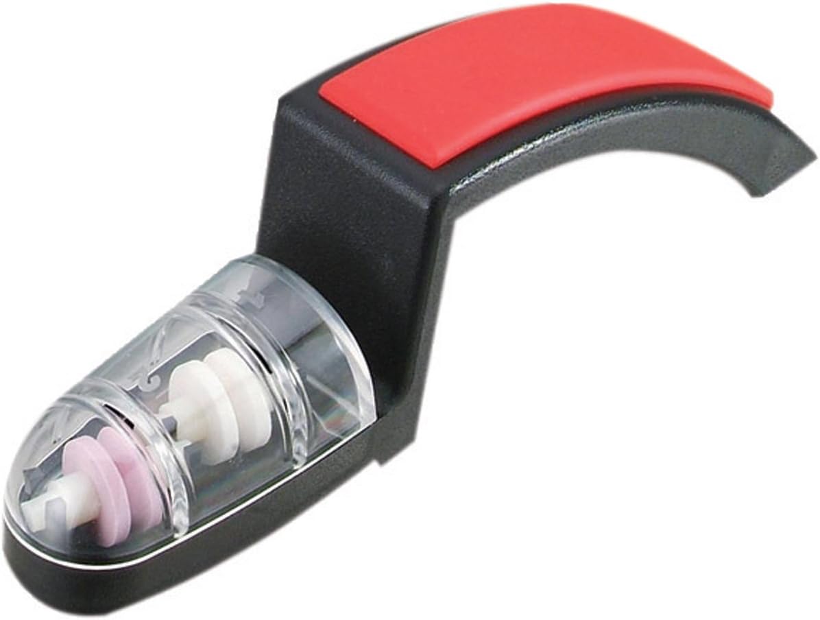 Shinkansen water sharpener with a curved black and red handle and two ceramic wheels in a clear housing