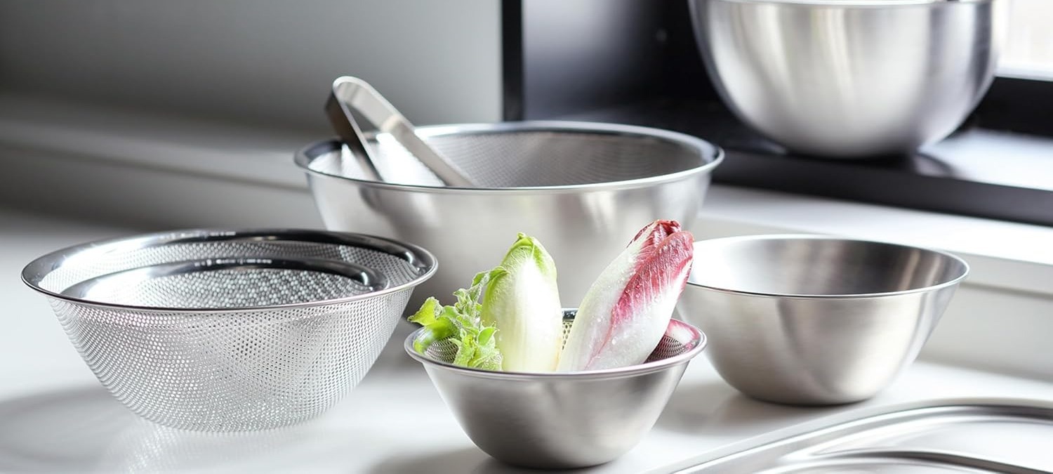 Sori Yanagi punching strainer next to stainless mixing bowls holding endive on a kitchen counter