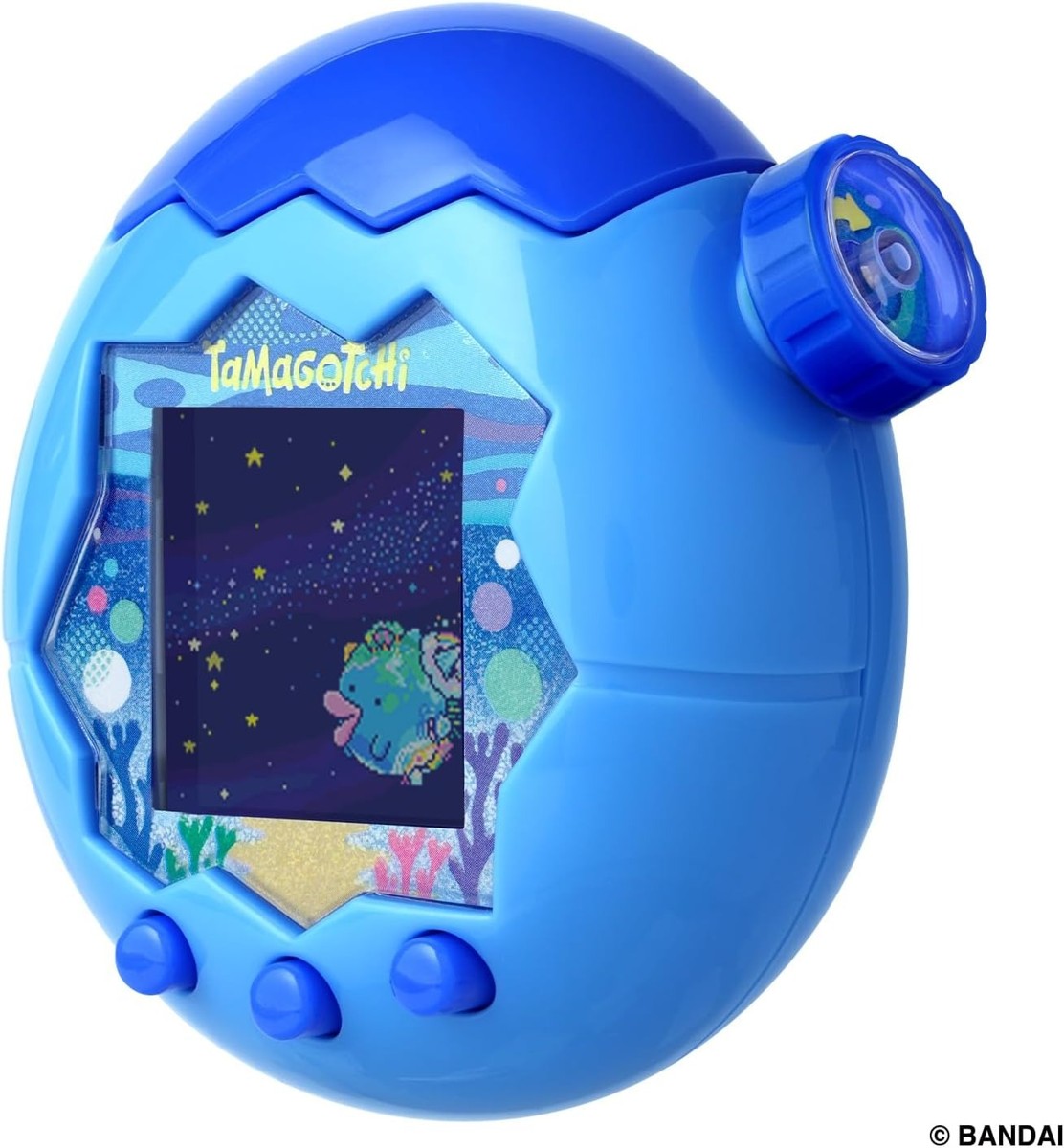 Tamagotchi Paradise Blue Water angled view showing the zoom dial