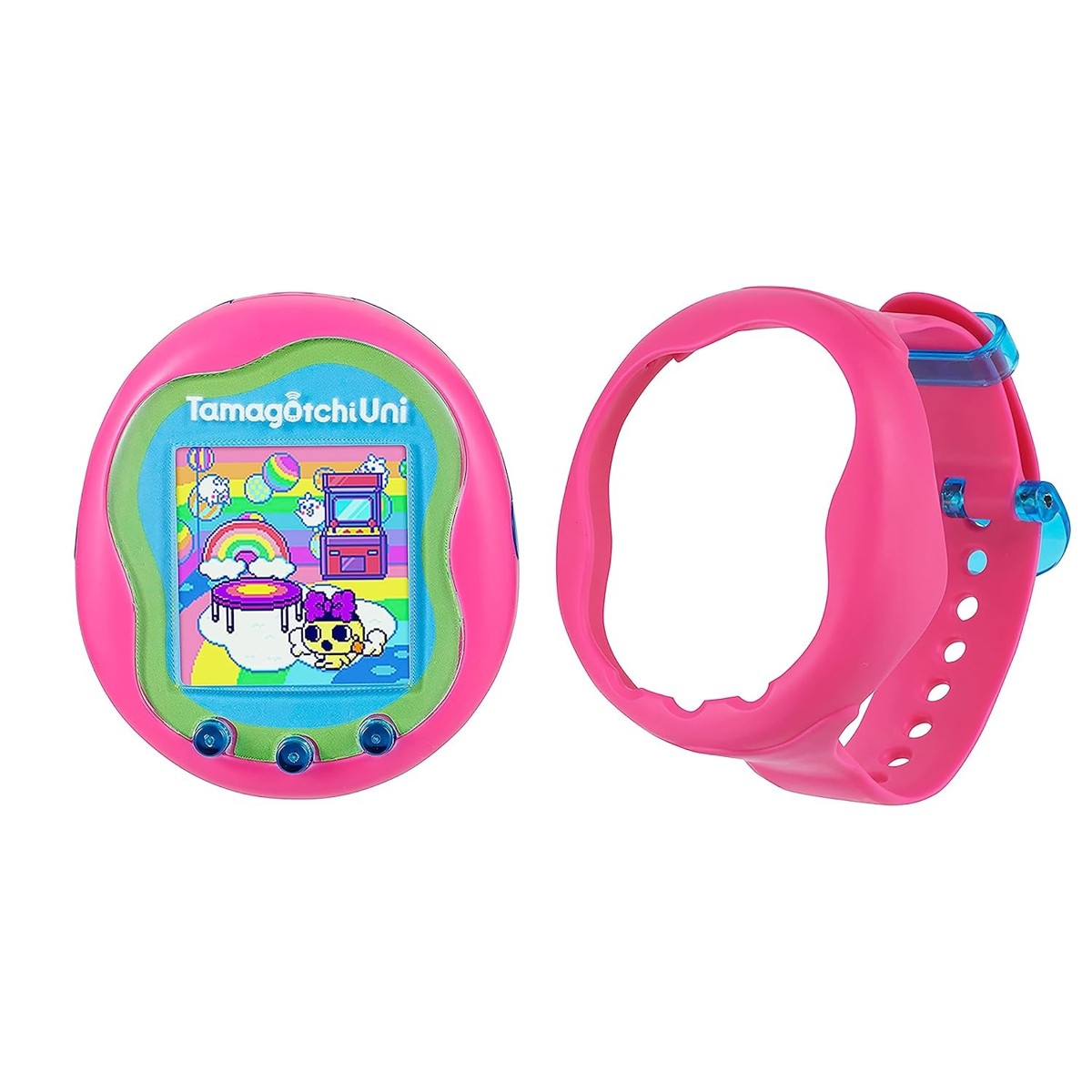 Tamagotchi Uni Pink device next to its pink wrist band