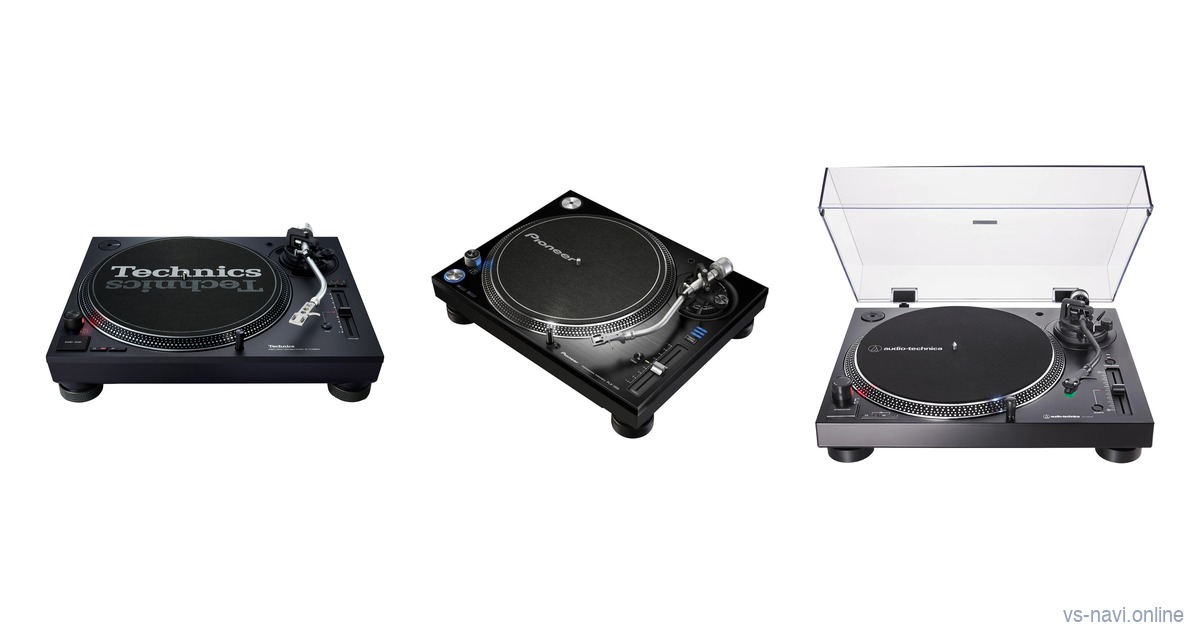 Technics SL-1210MKX, Pioneer DJ PLX-1000 plus Audio-Technica AT-LP120XUSB direct-drive turntables on a white background
