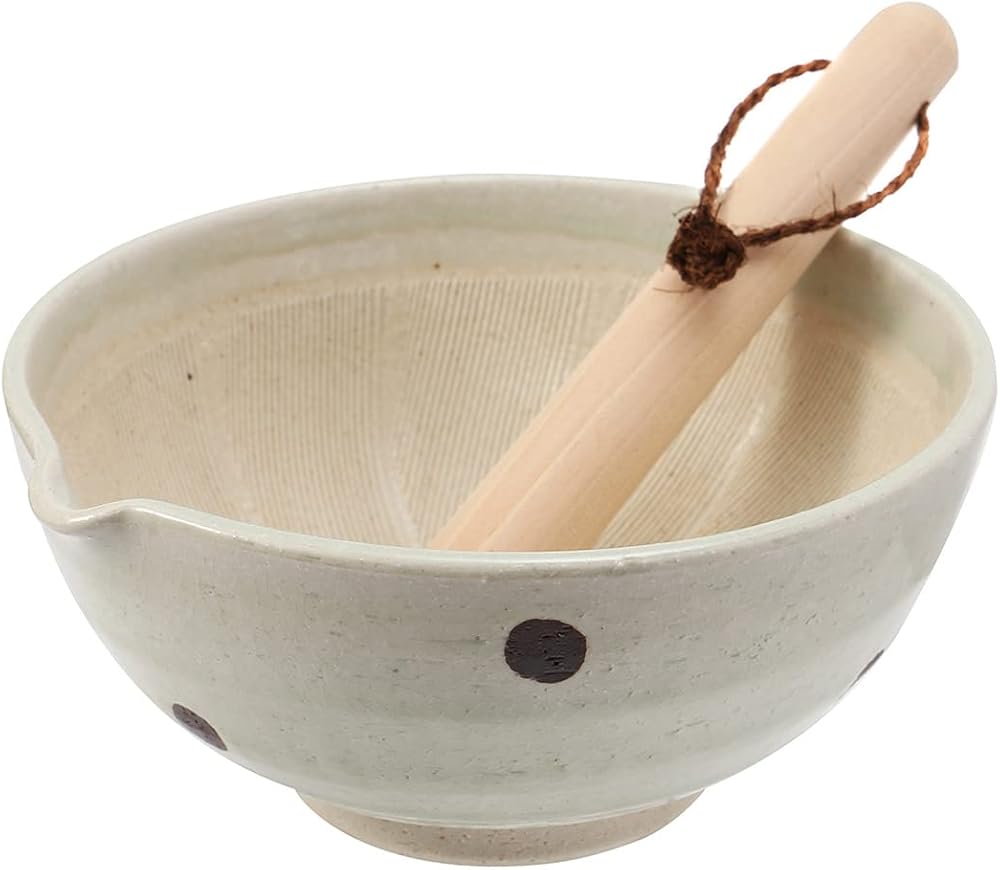 TIKUSAN white polka-dot Mino ware suribachi with a pouring spout and a wooden pestle with a cord loop