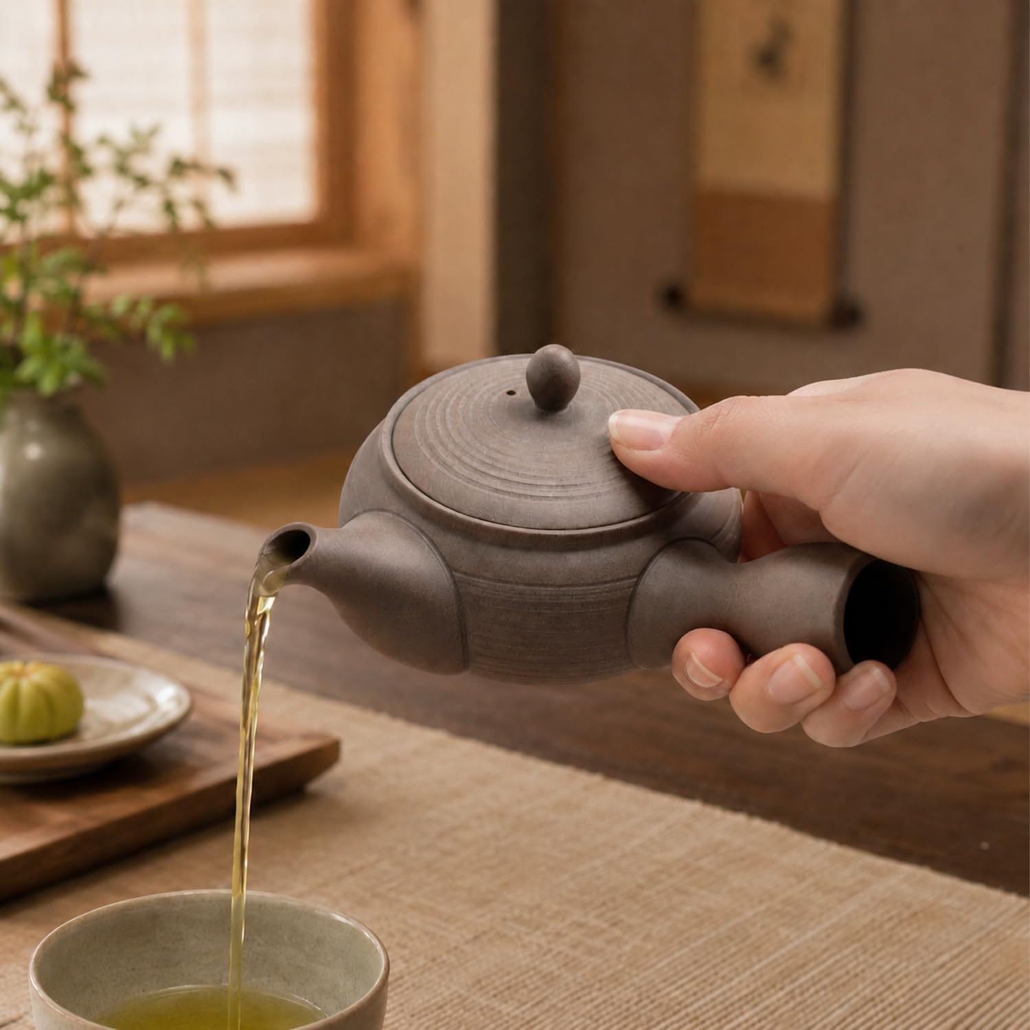 Hand holding the side handle of the gray Tokoname kyusu while pouring green tea into a cup