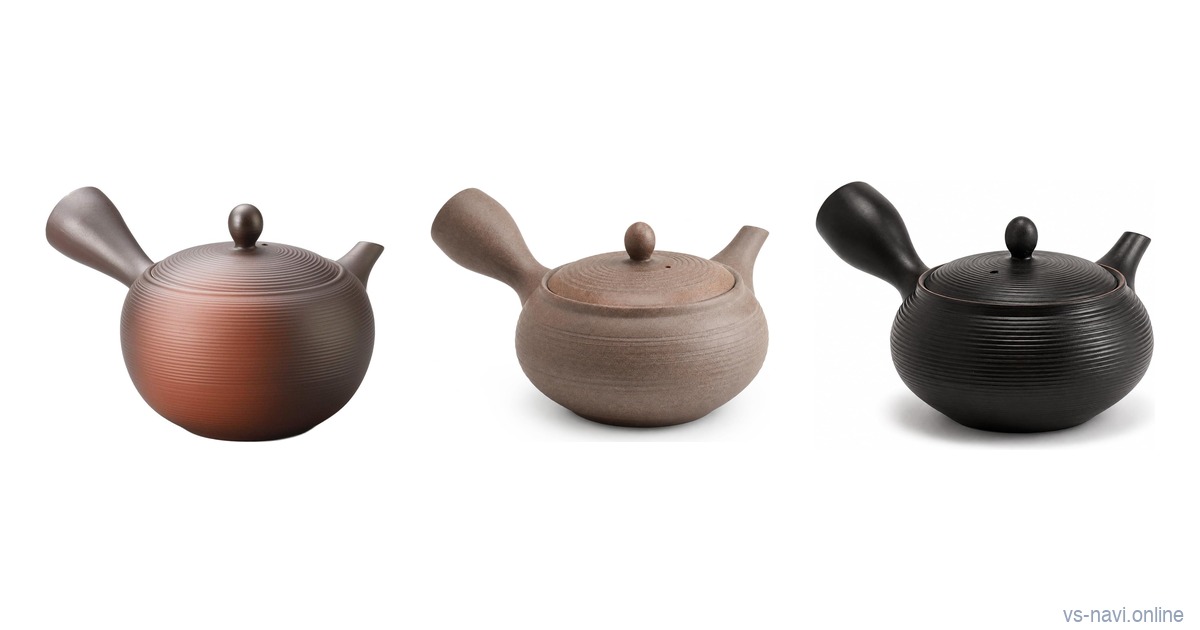 Three Tokoname kyusu teapots side by side: a red-brown youhen pot, a gray clay pot plus a black ribbed pot