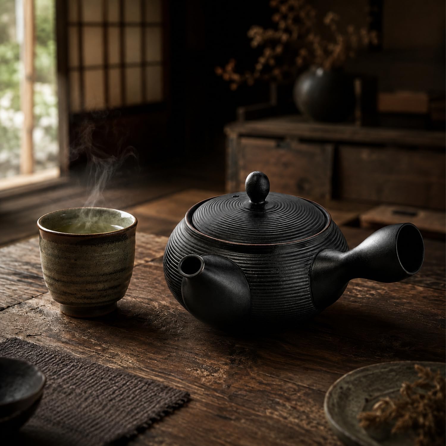 Black Tokoname kyusu on a wooden table beside a cup of green tea