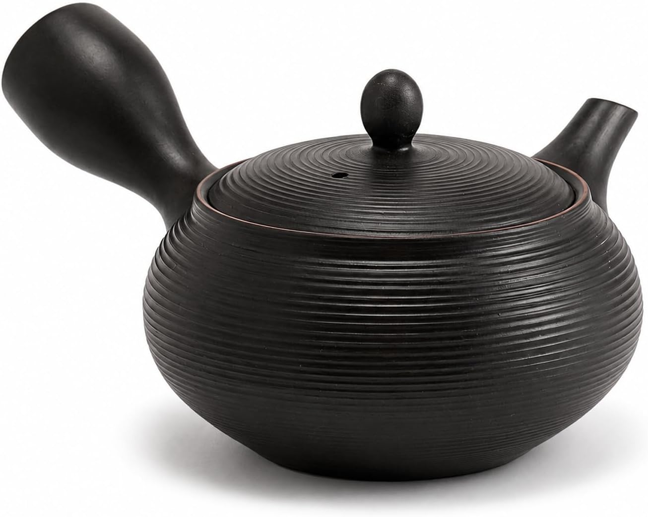 Black Tokoname-yaki kyusu with fine horizontal ribs on the body plus a rounded side handle