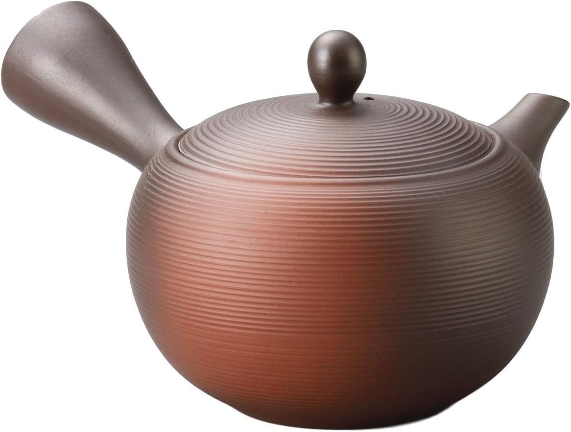 Tokoname youhen kyusu with a red-brown flame-marked body, ribbed sides plus a straight side handle