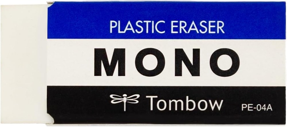 Tombow MONO plastic eraser in its blue, white and black paper sleeve