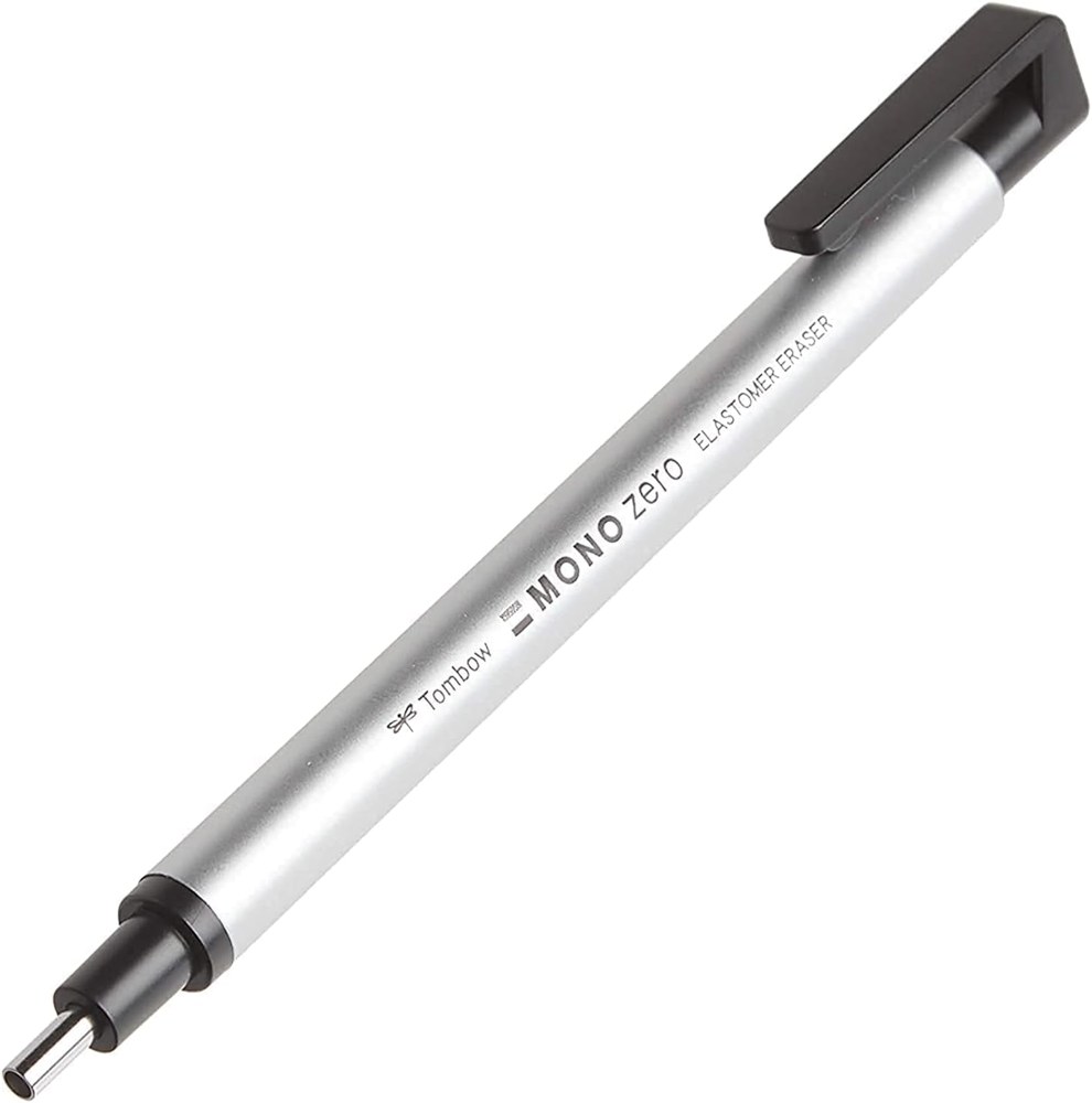 Tombow MONO Zero round tip eraser with a silver body and black clip