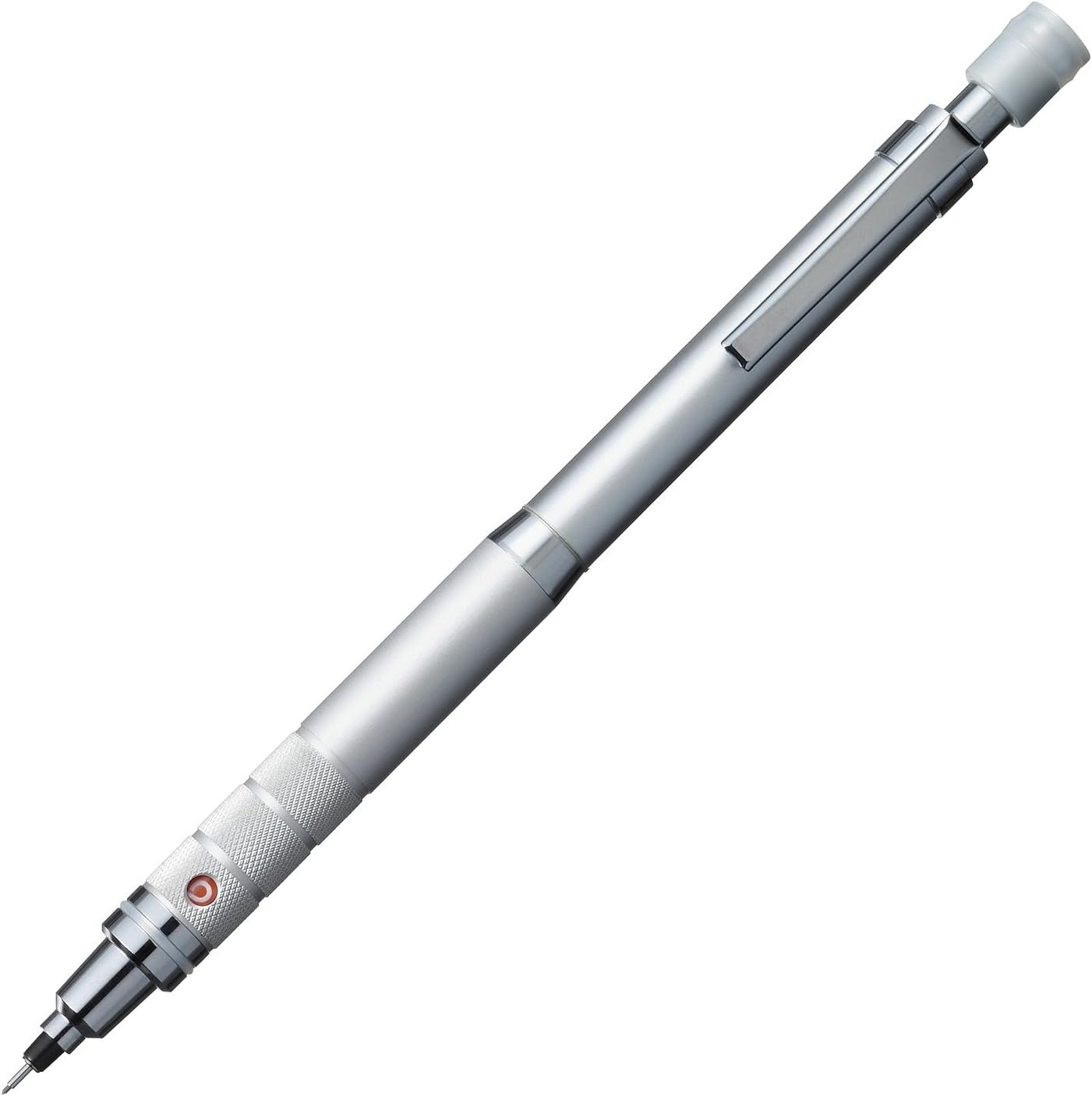 Uni Kuru Toga Roulette mechanical pencil with a silver body and knurled metal grip