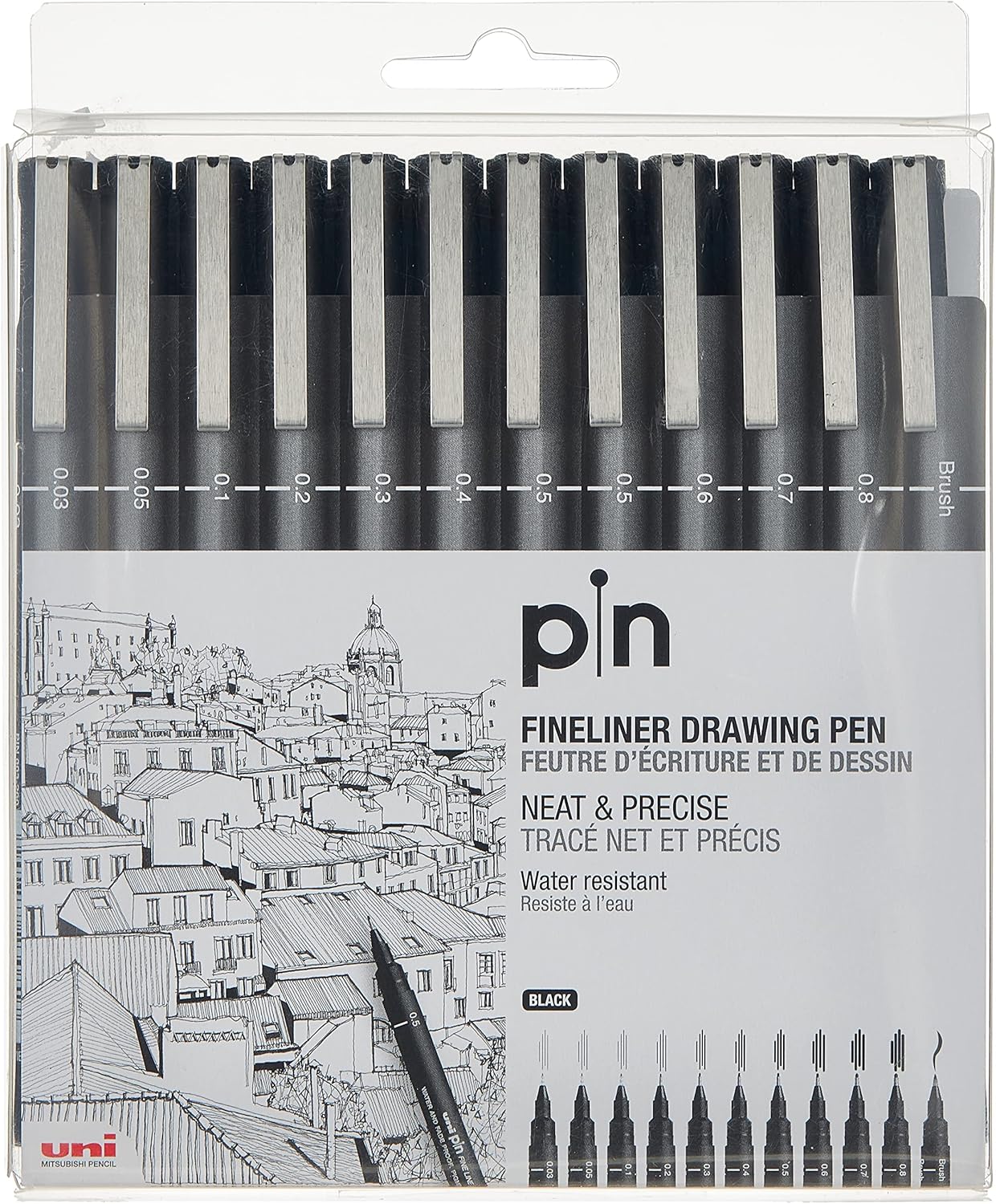 Uni Pin Fineliner drawing pen set of twelve black pens in its case