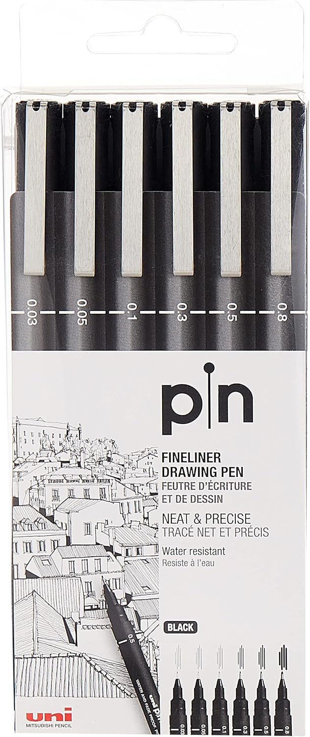 Uni Pin Fineliner drawing pen set of six black pens in its case