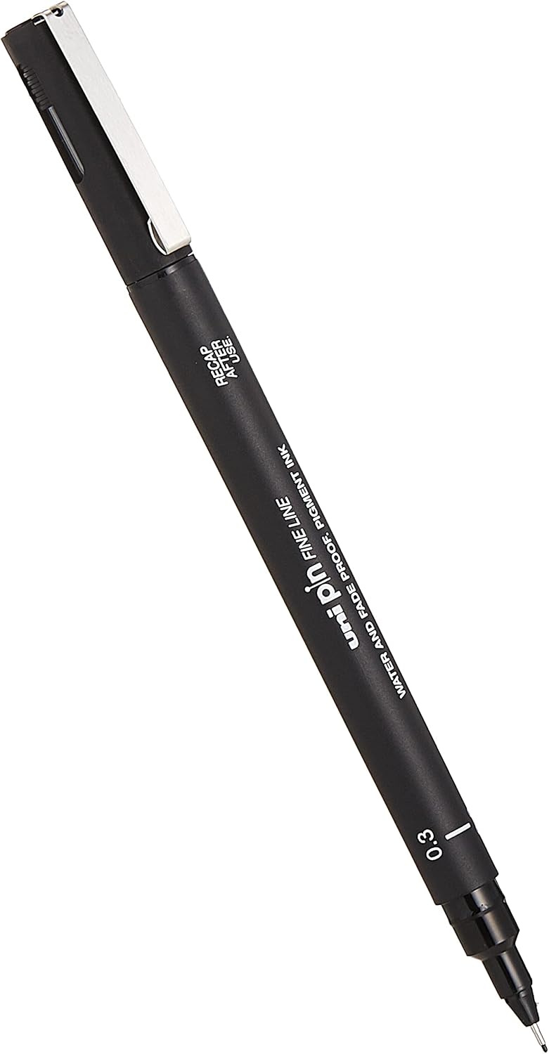 Single black Uni Pin fineliner pen with its cap on