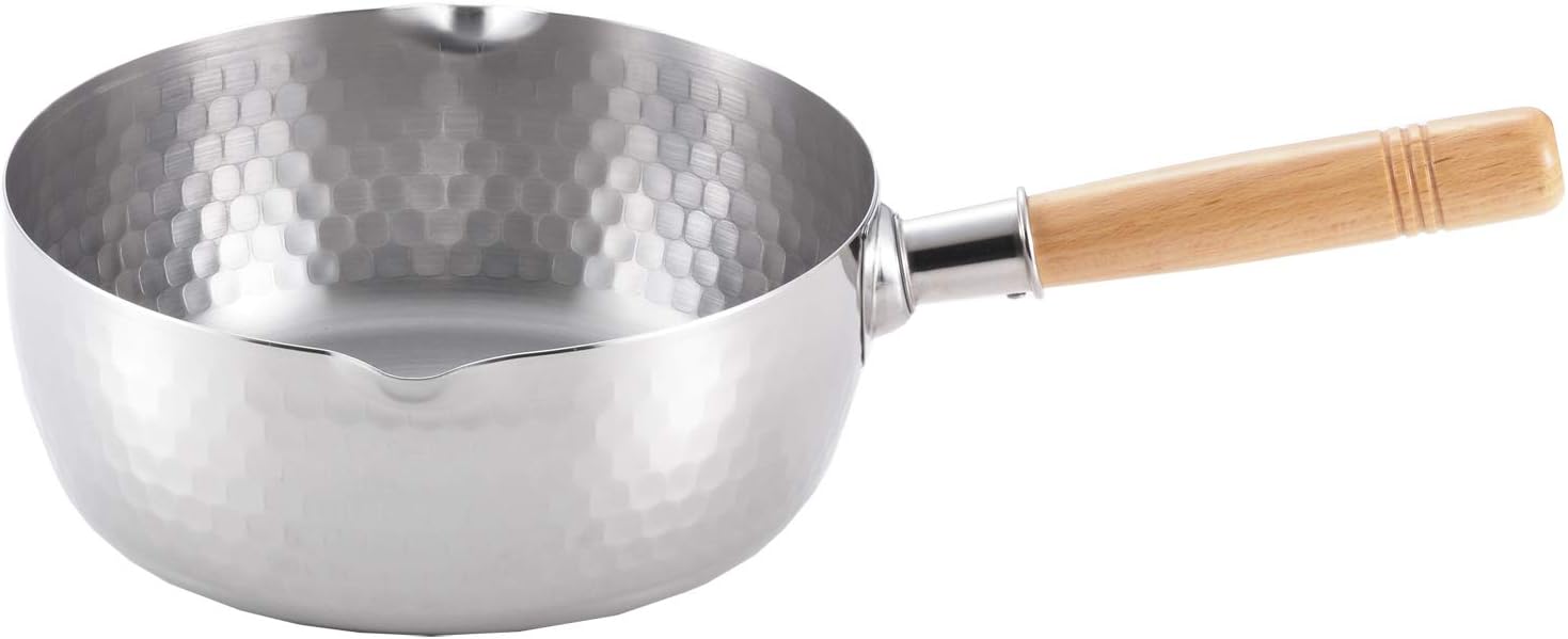 Yoshikawa yukihira saucepan with hammered stainless body and natural wood handle