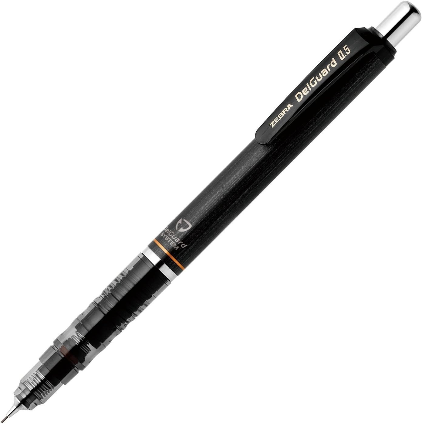 Zebra DelGuard 0.5 mm mechanical pencil with a black body and clear grip section