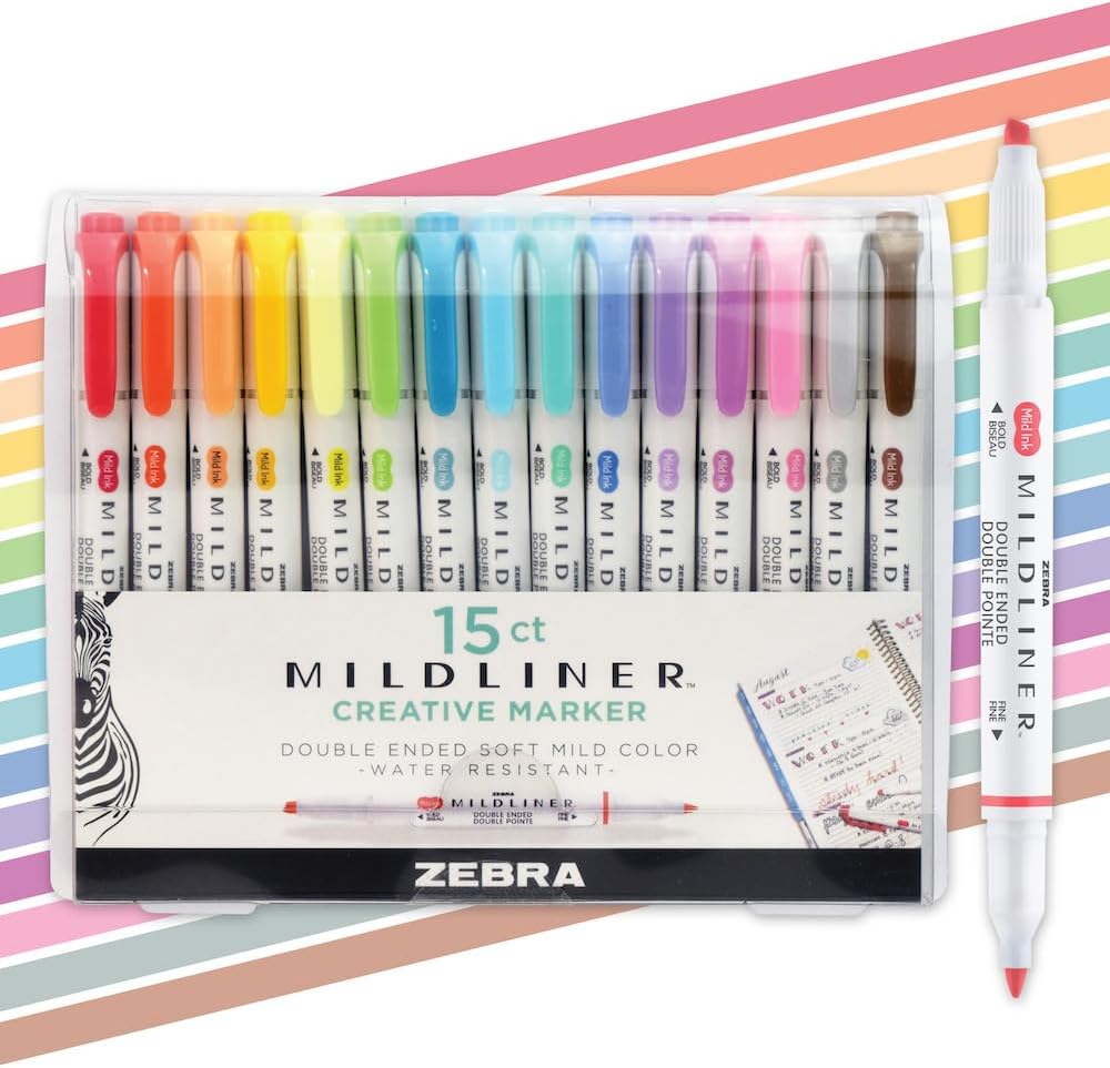 Zebra Mildliner 15-pack in its clear case showing warm, cool and muted colors