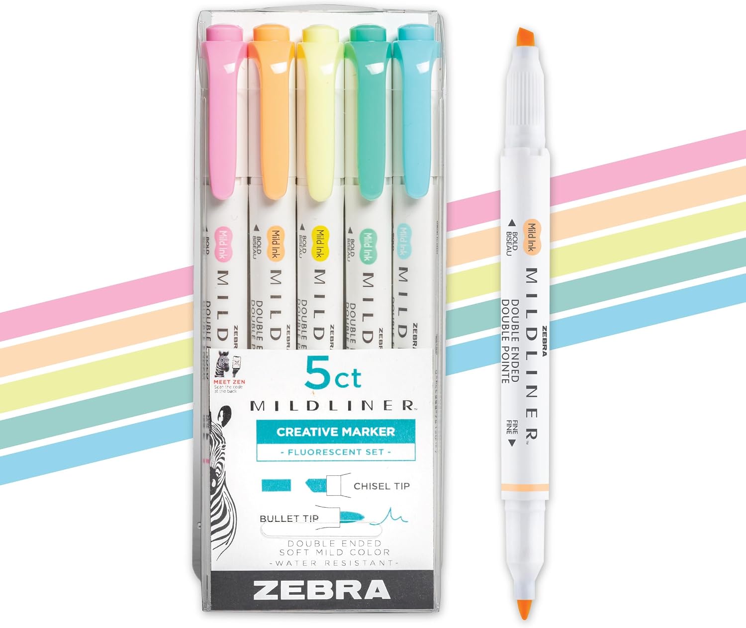 Zebra Mildliner 5-pack fluorescent set in its clear case with one uncapped dual-tip pen