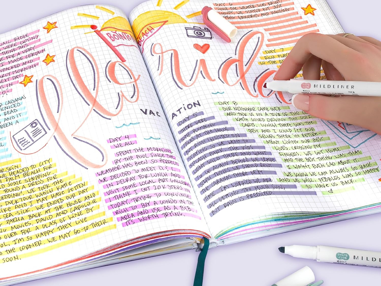 Hand lettering in a travel journal with soft Zebra Mildliner colors